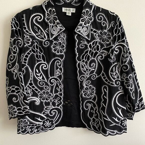 Coldwater Creek Black & White Embroidered Cut Work 3/4 Sleeve Jacket - Picture 1 of 7